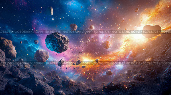 Cosmic Collision: Asteroid Field in a Nebula. Стоковое AI-изображение, AI-художник Данила Большаков / Фотобанк Лори