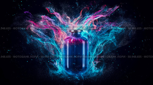 Cosmic Vial: A Bottle Surrounded by Nebulous Clouds of Pink and Blue Gas in Deep Space. Стоковое AI-изображение, AI-художник Данила Большаков / Фотобанк Лори