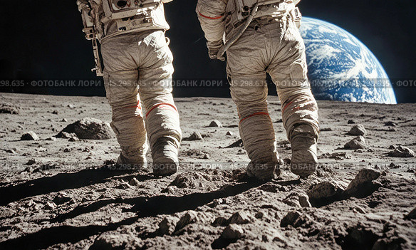 Cosmonauts walking on lunar ground under starry sky. Space mission, celestial body exploration, footprint in moon dust. Earth and stars in background, symbolizes outer space travel. Стоковое AI-изображение, AI-художник Павел Муравьев / Фотобанк Лори