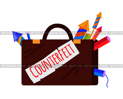 Counterfeit brown case with pyrotechnics isolated on white. Vector cartoon illustration of suitcase with inscription and peeping out bright fireworks. Dangerous elements for New Year celebration. Counterfeit Brow Case with Pyrotechnics Isolated. Стоковая иллюстрация, агентство Ingram Publishing / Фотобанк Лори