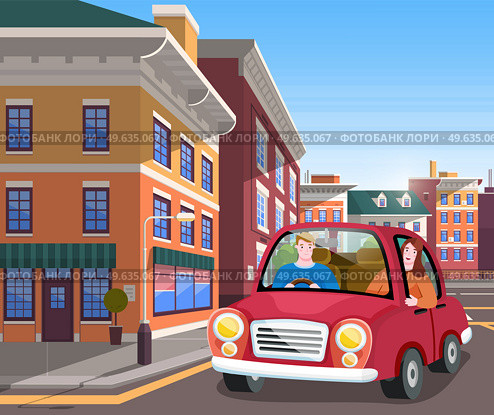 Couple are traveling together using car. People in relationship driving around city and looking at buildings on guided tour. Man and woman travel countries. Guy with girl spend time abroad together. Couple are traveling together using car. People driving around city and looking at buildings. Стоковая иллюстрация, агентство Ingram Publishing / Фотобанк Лори
