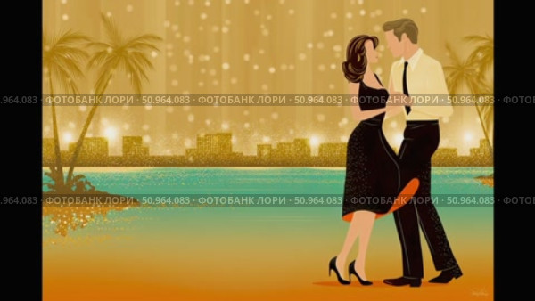 Couple dancing together in a romantic setting by the water, surrounded by palm trees and shimmering lights, creating a vibrant and enchanting atmosphere for a joyful evening. Стоковое AI-видео, аниматор Ирина Ручушкина / Фотобанк Лори