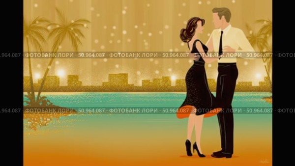 Couple dancing together in a romantic setting by the water, surrounded by palm trees and shimmering lights, creating a vibrant and enchanting atmosphere for a joyful evening. Стоковое AI-видео, аниматор Ирина Ручушкина / Фотобанк Лори