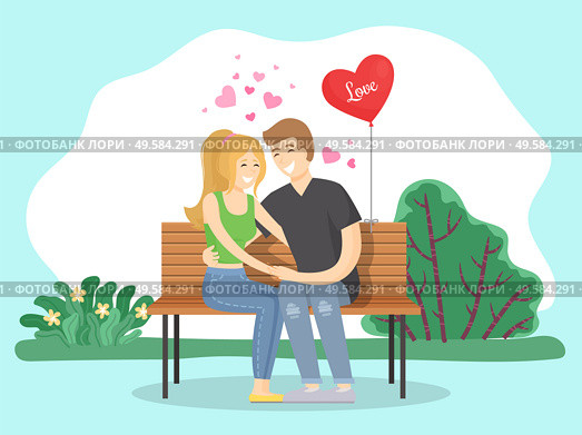 Couple in love cuddling in park. Pair sitting on wooden bench talking and hugging. Passionate feelings of boyfriend and girlfriend. Romance of characters, anniversary of man and woman vector. Couple on Romantic Date Sitting on Bench in Park. Стоковая иллюстрация, агентство Ingram Publishing / Фотобанк Лори