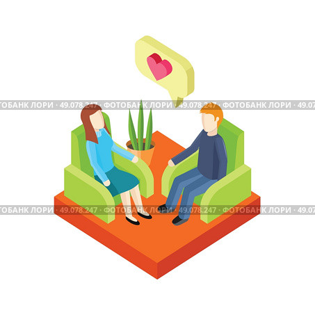Couple in love in an armchair 3d isometry. Couple and love, isometry and young couple in love, armchair and man, relationship valentine, date valentine romantic illustration. Стоковая иллюстрация, агентство Ingram Publishing / Фотобанк Лори