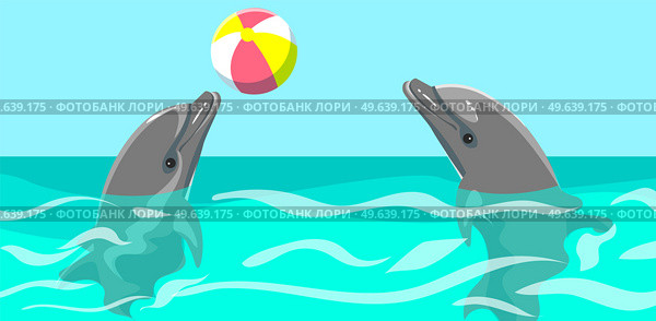 Couple of dolphins is playing in pool together. Dolphins play with ball, do tricks in aquarium. Show on water, performance in oceanarium. Marine mammals playing with ball perform trick with inventory. Dolphins playing with ball perform trick with inventory. Marine mammals play in dolphinarium. Стоковая иллюстрация, агентство Ingram Publishing / Фотобанк Лори