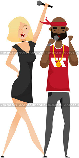 Couple of singers with microphones. Cartoon afro-american male, female vocalists singing in duet isolated characters. Bearded guy, stylish girl enjoying karaoke performance, having fun on stage. Couple of singers with microphones. Cartoon afro-american male, female vocalists singing in duet. Стоковая иллюстрация, агентство Ingram Publishing / Фотобанк Лори