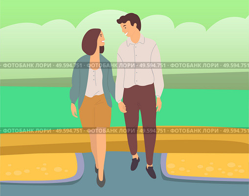 Couple walking down the street. Young guy and girl holding hands, looking at each other, walking in summer day in city park, romantic walk. Pleasant promenade in open air on a date, active lifestyle. Couple walking down the street. Young guy and girl holding hands, looking at each other, have a date. Стоковая иллюстрация, агентство Ingram Publishing / Фотобанк Лори