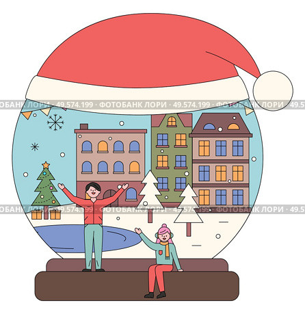 Couple walking together in winter snowy vector park. Beautiful xmas cityscape on background with buildings, lake and fir trees. Man and woman in christmas ball. Red santa claus hat on round snowball. Man and Woman Walking in City, Christmas Snowball. Стоковая иллюстрация, агентство Ingram Publishing / Фотобанк Лори