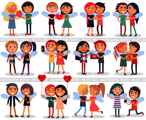 Couples on Valentine s Day on white background. Vector illustration of holiday celebration with giving presents to second half or spending time together. Various variants how celebrate boy and girl. Couples on Valentine s Day on White Background. Стоковая иллюстрация, агентство Ingram Publishing / Фотобанк Лори