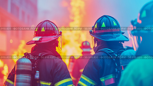 Courage and Firepower: A group of firefighters face a massive blaze in a vibrant, intense scene. Стоковое AI-изображение, AI-художник Данила Большаков / Фотобанк Лори