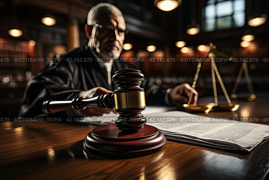 Court of Law and Justice Trial Session: Imparcial Honorable Judge Pronouncing Sentence, striking Gavel. Focus on Mallet, Hammer. Cinematic Shot of Dramatic Not Guilty Verdict. Close-up Shot. Стоковое AI-изображение, AI-художник Ирина Михайличенко / Фотобанк Лори