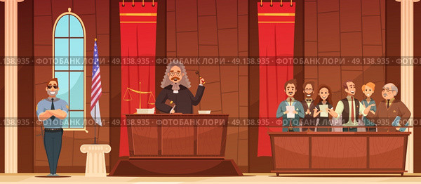 Court Of Law Retro Cartoon Poster. American court of law judicial legal proceedings in courthouse with judge   and jury box retro poster vector illustration. Стоковая иллюстрация, агентство Ingram Publishing / Фотобанк Лори
