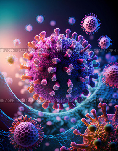 Covid microsphere showing protein spikes and mutations. vibrant, detailed layers display viral structure, emphasizing infection potential. scientific research, medicine, health, and virology focus. Стоковое AI-изображение, AI-художник Андрей Ка / Фотобанк Лори