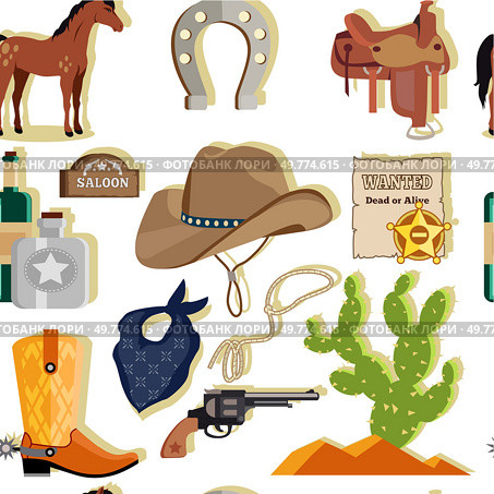 Cowboy hat, boots, revolver, cactus, saddle, horseshoe, bandana among other Western items. Ideal for Western themes, cowboy festivals, rodeo events, country memorabilia, vintage signage and American. Cowboy Gear and Old West Icons Collection Featuring Hats, Boots, Cacti and Revolvers. Стоковая иллюстрация, агентство Ingram Publishing / Фотобанк Лори