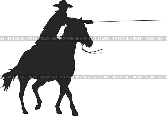Cowboy with lasso riding a horse, isolated vector silhouette. Стоковая иллюстрация, иллюстратор Долотова Елена Викторовна / Фотобанк Лори