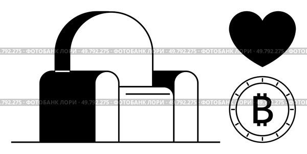 Cozy armchair with rounded backrest, large black heart shape, and Bitcoin symbol coin. Ideal for home decor, technology, financial themes, love symbolism, cryptocurrency discussions, digital assets. Cozy Armchair with Heart Shape and Bitcoin Coin, Black and White Contemporary Design. Стоковая иллюстрация, агентство Ingram Publishing / Фотобанк Лори