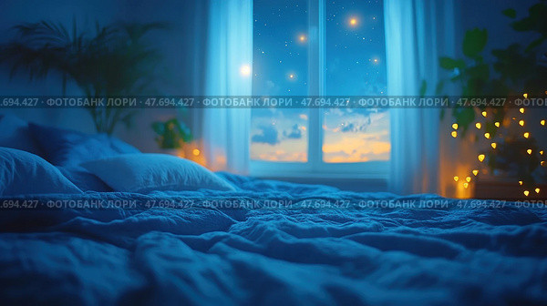 Cozy bedroom in soft blue tones with rumpled bedding, ambient lighting, and a view of the starry sky and sunset through a large window. The room is decorated with plants and warm string lights. The dreamy, peaceful atmosphere is perfect for themes of sleep, relaxation, interior design, and inspiration. Стоковое AI-изображение, AI-художник Анна Кривицкая / Фотобанк Лори
