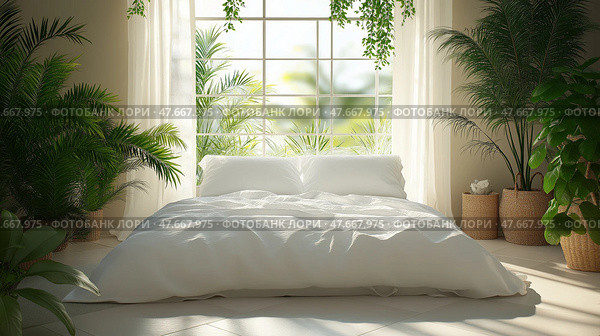 Cozy bedroom with white bedding and lush indoor plants in bright daylight. Уютная спальня с белым постельным бельем и пышными комнатными растениями при ярком дневном свете. Стоковое AI-изображение, AI-художник Katsiaryna Repich / Фотобанк Лори
