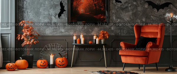 Cozy Halloween Living Room Decor With Jack OLanterns, Bats, and Candles. Стоковое AI-изображение, AI-художник Юлия Гапеенко / Фотобанк Лори