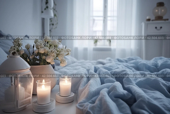 Cozy light bedroom. Generate ai. Стоковое AI-изображение, AI-художник Иван Рябоконь / Фотобанк Лори