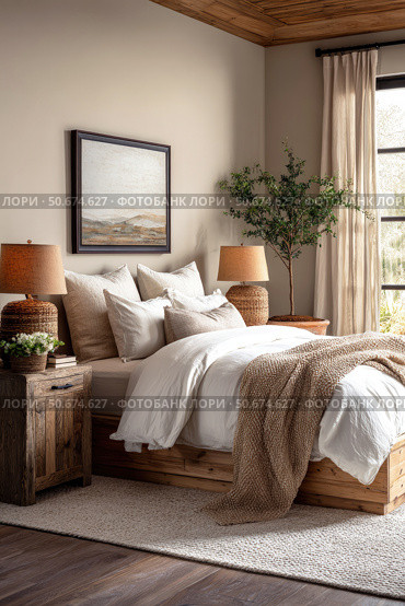 Cozy neutral bedroom with natural wood furniture, soft textiles, indoor plant, and sunlight through window, creating a warm and serene atmosphere. Стоковое AI-изображение, AI-художник Катерина Бондарец / Фотобанк Лори