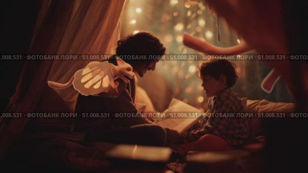 Cozy storytelling moments by candlelight create magical memories between parent and child in a cozy indoor setting. Стоковое AI-видео, аниматор Сергей Толмачёв / Фотобанк Лори