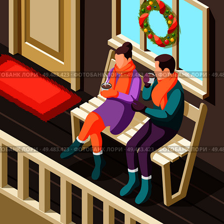 Cozy winter christmas background with young couple sitting on veranda and warming up with hot drink isometric vector illustration. Стоковая иллюстрация, агентство Ingram Publishing / Фотобанк Лори