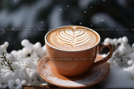 Cozy winter latte with artful foam. Стоковое AI-изображение, AI-художник Иван Рябоконь / Фотобанк Лори