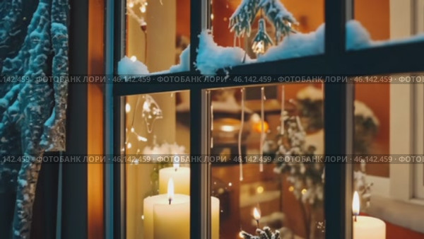 Cozy Winter Scene. Snow and a Candlelit Window, Embracing the Serenity of Season. Warm, inviting window view with Christmas lights. Snowflakes and flickering candles, perfect for winter imagery. Стоковое AI-видео, аниматор Марина Демидюк / Фотобанк Лори