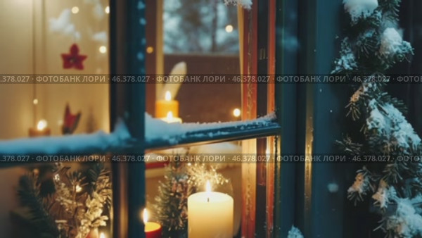 Cozy Winter Scene. Snow and a Candlelit Window, Embracing the Serenity of Season. Warm, inviting window view with Christmas lights. Snowflakes and flickering candles, perfect for winter imagery. Стоковое AI-видео, аниматор Марина Демидюк / Фотобанк Лори