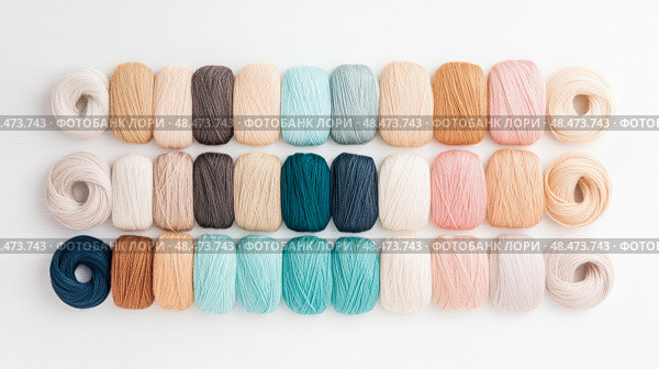 Craft Supplies: Gradient Yarn Row Arrangement on White Wood for DIY Project or Knitting, Art Supply, Decoration. Стоковое AI-изображение, AI-художник Данила Большаков / Фотобанк Лори