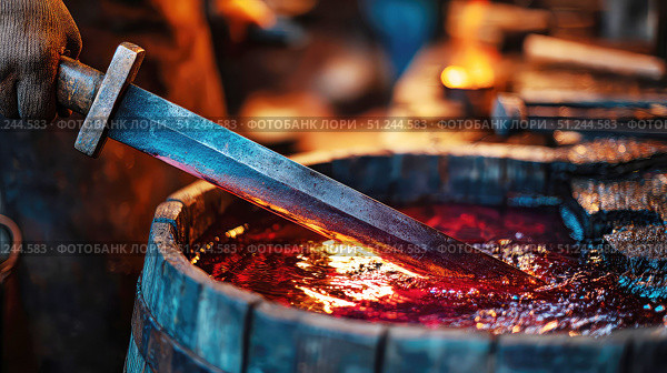 Crafting a sword in a traditional forge using molten metal and skilled hands. Стоковое AI-изображение, AI-художник Александр Довянский / Фотобанк Лори