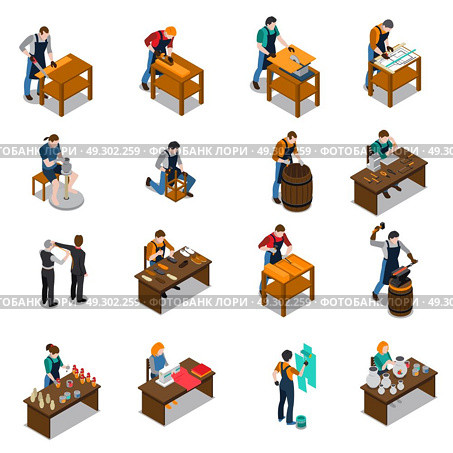 Craftsman Isometric Icons Set . Craftsman set of isometric icons with carpenter blacksmith potter artist painter tailor and shoemaker isolated vector illustration  . Стоковая иллюстрация, агентство Ingram Publishing / Фотобанк Лори