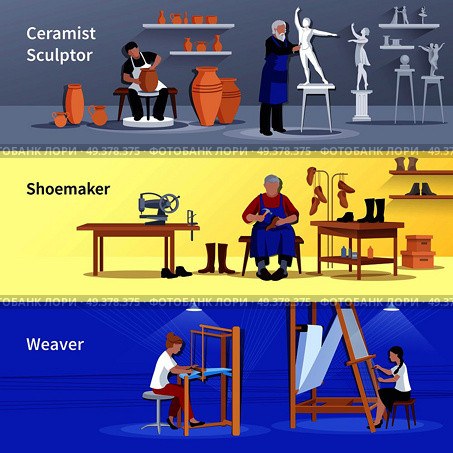Craftspeople at work 3 flat banners set with sculptor ceramist shoemaker and weaver isolated vector illustration . Craftspeople 3 Flat Banners Set . Стоковая иллюстрация, агентство Ingram Publishing / Фотобанк Лори