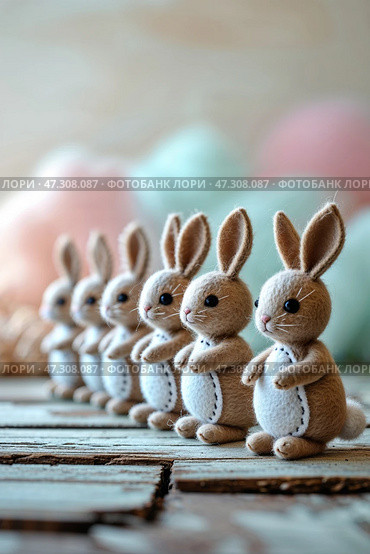 Crafty felt bunnies lined up in a warm setting perfect for spring celebrations and decorative displays. Стоковое AI-изображение, AI-художник Сергей Толмачёв / Фотобанк Лори
