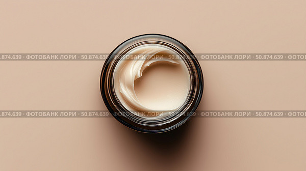 Creamy moisturizer in a glass jar on a neutral background. Стоковое AI-изображение, AI-художник Katsiaryna Repich / Фотобанк Лори