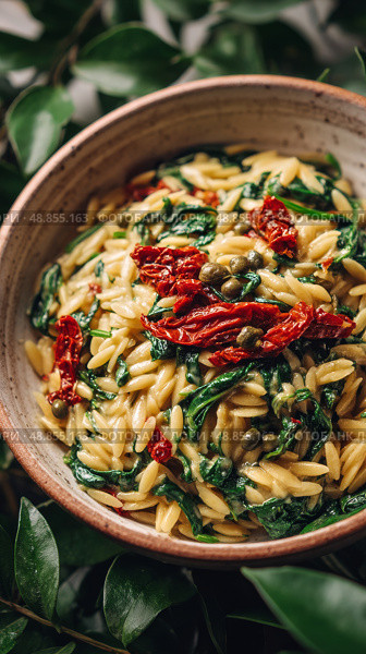 Creamy Orzo Pasta With Spinach and Sun-Dried Tomatoes in a Rustic Bowl Surrounded by Fresh Greenery. Стоковое AI-изображение, AI-художник Юлия Гапеенко / Фотобанк Лори