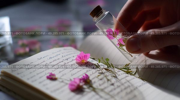 Creating a floral keepsake with pressed flowers in a personal journal. Стоковое AI-изображение, AI-художник Сергей Толмачёв / Фотобанк Лори