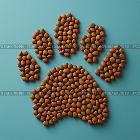 Creative arrangement of pet food resembling a paw print on a blue surface. Творческое расположение корма для домашних животных, напоминающее отпечаток лапы, на голубой поверхности. Стоковое AI-изображение, AI-художник Katsiaryna Repich / Фотобанк Лори