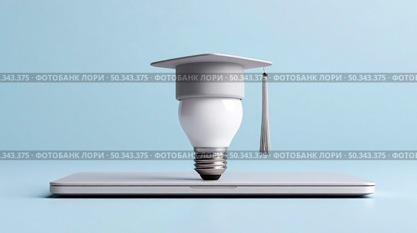 Creative concept with light bulb wearing graduation cap on closed laptop, symbolizing online learning, digital education, knowledge, and innovation in modern teaching. Стоковое AI-изображение, AI-художник Катерина Бондарец / Фотобанк Лори