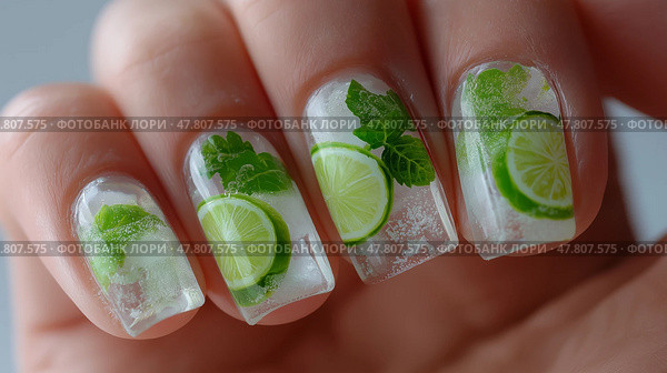 Creative nail art featuring vibrant lemon and lime designs on manicured hands. Креативный нейл-арт с яркими рисунками лимона и лайма на ухоженных руках. Стоковое AI-изображение, AI-художник Katsiaryna Repich / Фотобанк Лори