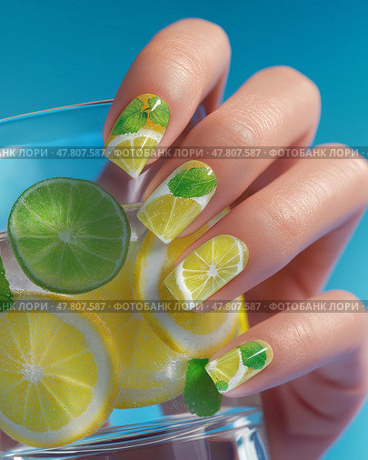 Creative nail art featuring vibrant lemon and lime designs on manicured hands. Креативный нейл-арт с яркими рисунками лимона и лайма на ухоженных руках. Стоковое AI-изображение, AI-художник Katsiaryna Repich / Фотобанк Лори