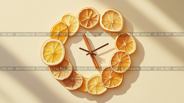 Creative wall clock design featuring dried lemon slices as decoration. Креативный дизайн настенных часов с сушеными ломтиками лимона в качестве украшения. Стоковое AI-изображение, AI-художник Katsiaryna Repich / Фотобанк Лори