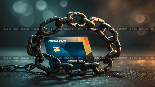 Credit card surrounded by heavy chains on a dark surface with a blurred background highlighting financial constraints. Стоковое AI-изображение, AI-художник Сергей Толмачёв / Фотобанк Лори
