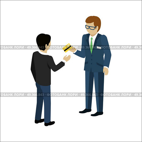 Credit Service concept vector Illustration. . Credit service vector concept in isometric projection. Customer received credit card from bank employee. Illustration for business, finance companies ad, apps design, icons, infographics.  . Стоковая иллюстрация, агентство Ingram Publishing / Фотобанк Лори