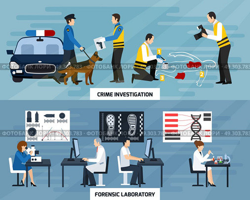 Crime Investigation Flat Banners. Crime investigation flat horizontal banners with police experts and forensic laboratory on blue background isolated vector illustration . Стоковая иллюстрация, агентство Ingram Publishing / Фотобанк Лори