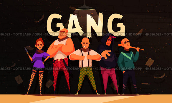Criminal background with set of five flat cartoon characters of outcast persons with grunge style background vector illustration. Flat Criminal Gang Composition. Стоковая иллюстрация, агентство Ingram Publishing / Фотобанк Лори