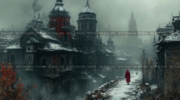 Crimson Cloak in the Ruined Cityscape: Solitary journey through an ashen realm. Стоковое AI-изображение, AI-художник Данила Большаков / Фотобанк Лори