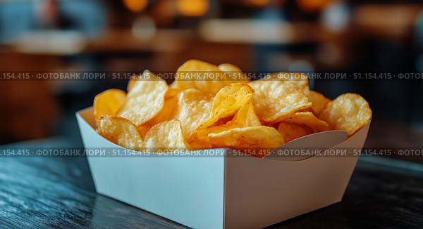 Crispy Potato Chips Served in a White Takeout Box on a Wooden Table in a Casual Dining Setting. Стоковое AI-изображение, AI-художник Юлия Гапеенко / Фотобанк Лори